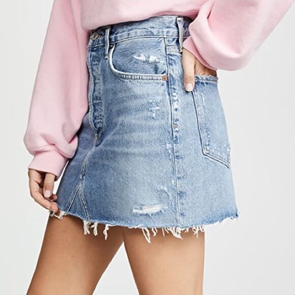 Agolde Quinn High Rise Cut Off Denim Mini Skirt Blue 25 - Picture 2 of 9